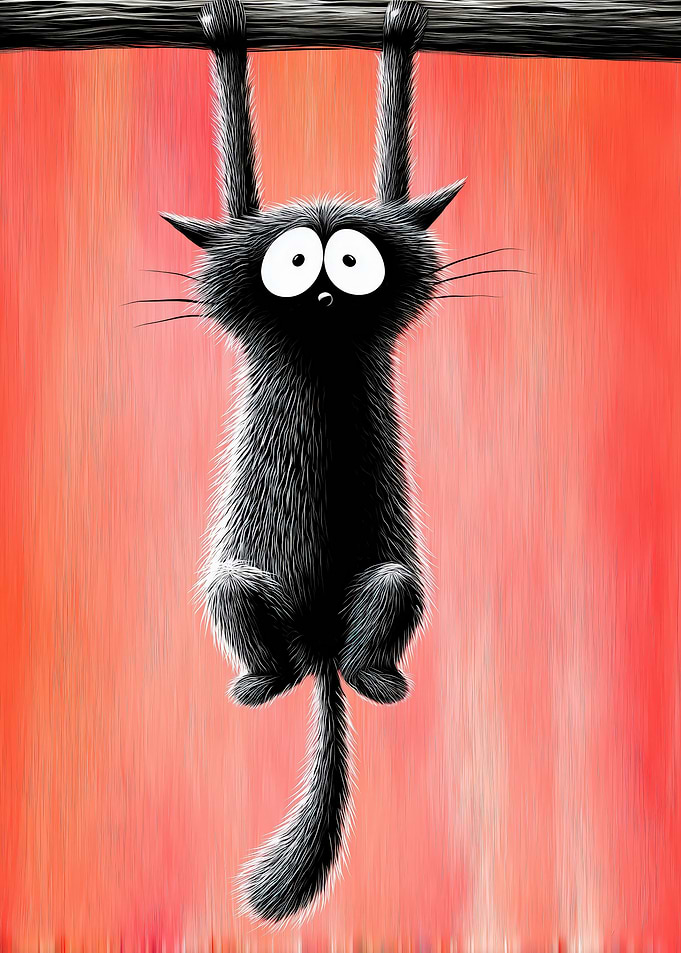 Cartoon Black Cat Hanging Upside Down