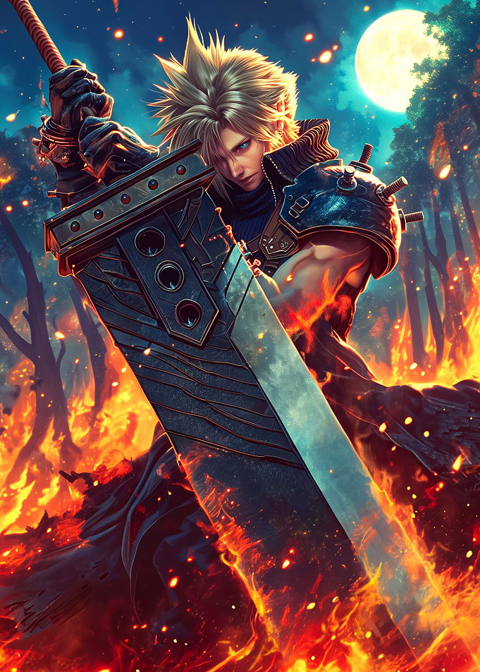 Cloud Strife in Fiery Forest