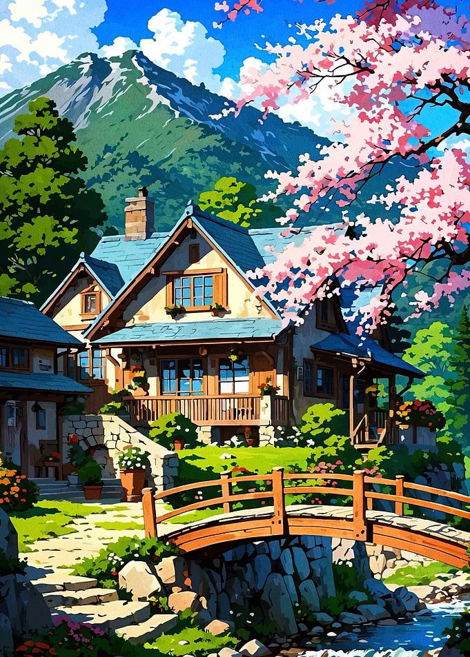 Anime Style House with Cherry Blossoms