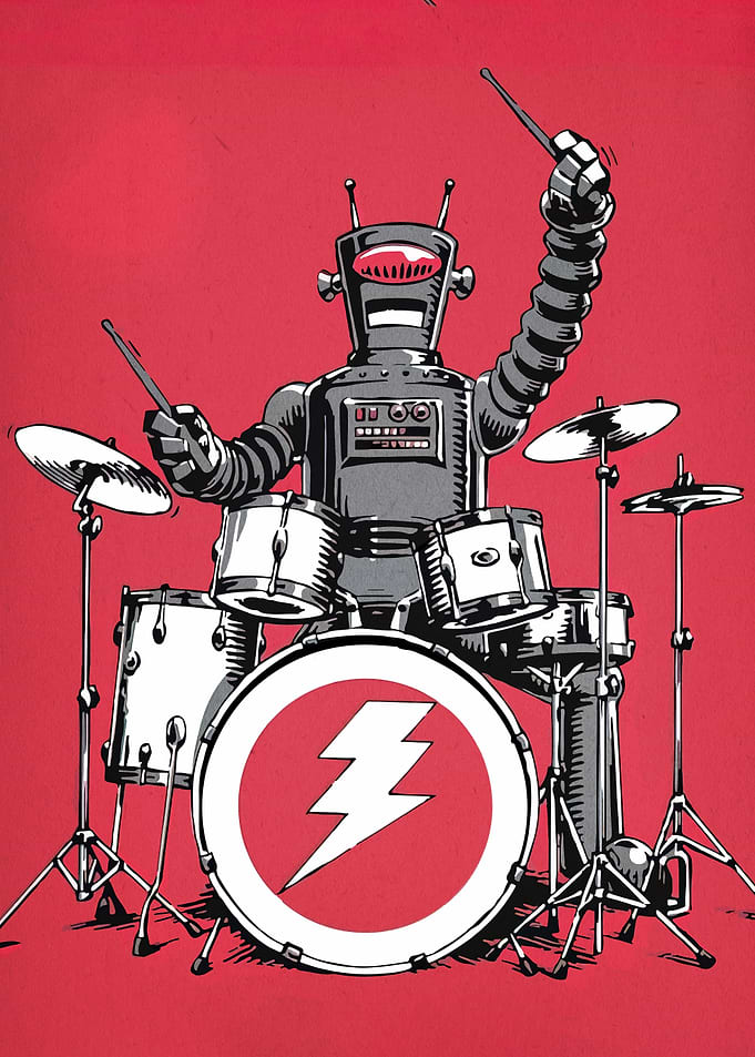 Robot Drummer with Lightning Bolt Logo