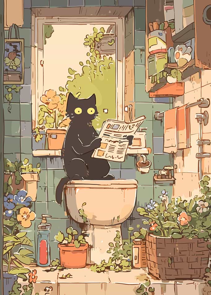 Cat Reading Newspaper in Bathroom Art