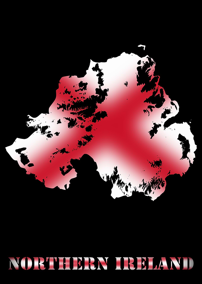 Northern Ireland Topographic Contour Relief Map blending terrain features into its emblematic colorful flag