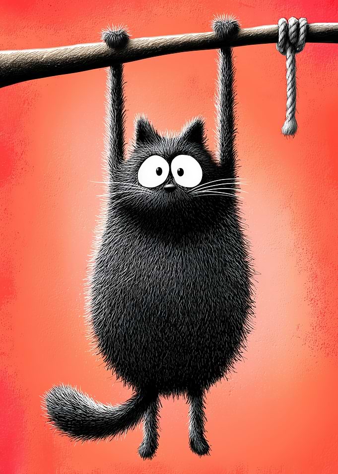 Cartoon Black Cat Hanging on Branch