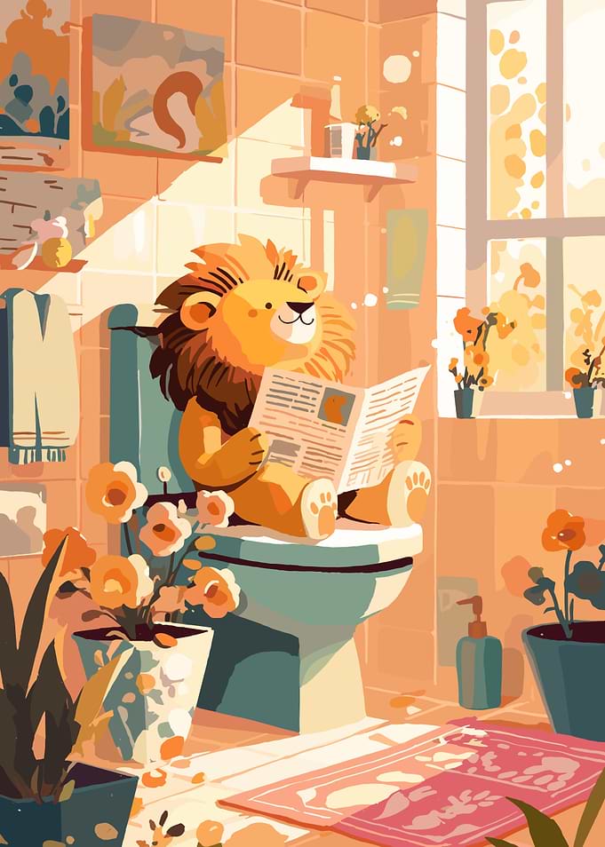 Lion Reading Newspaper on Toilet
