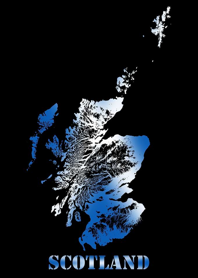 Scotland UK Topographic Contour Relief Map blending terrain features into its emblematic colorful flag