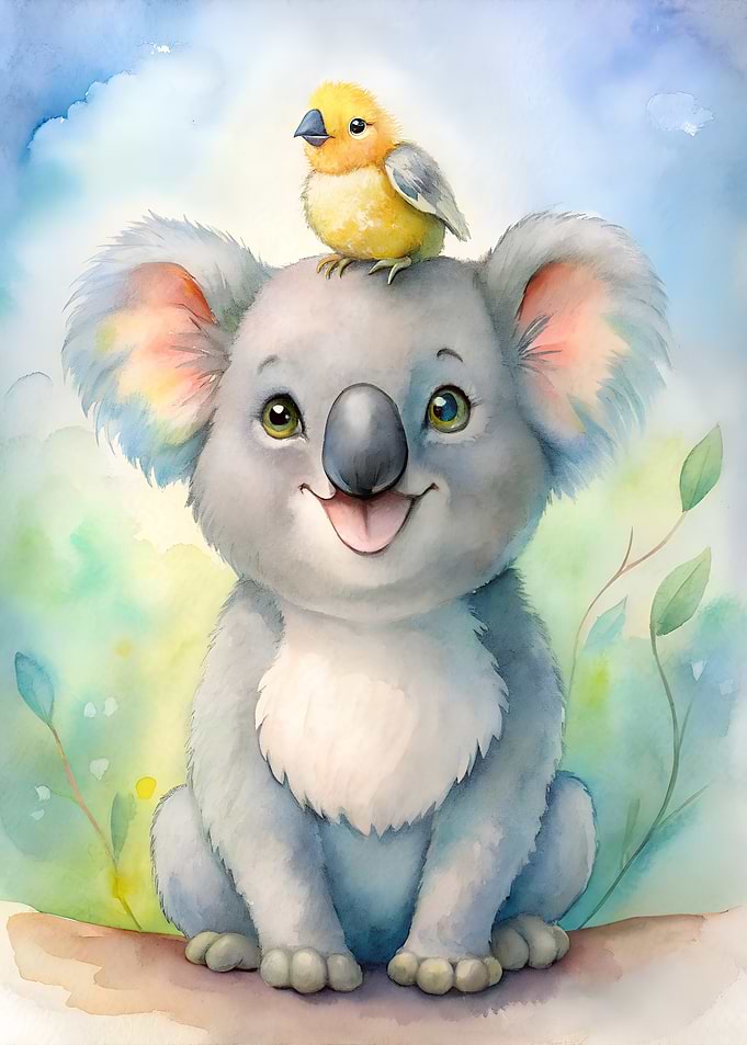 Watercolor Koala with Bird Friend