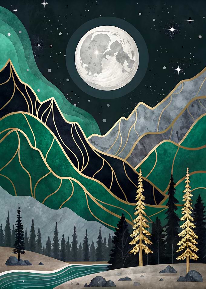 Emerald Moonlit Mountain Art Print Golden Starry Path