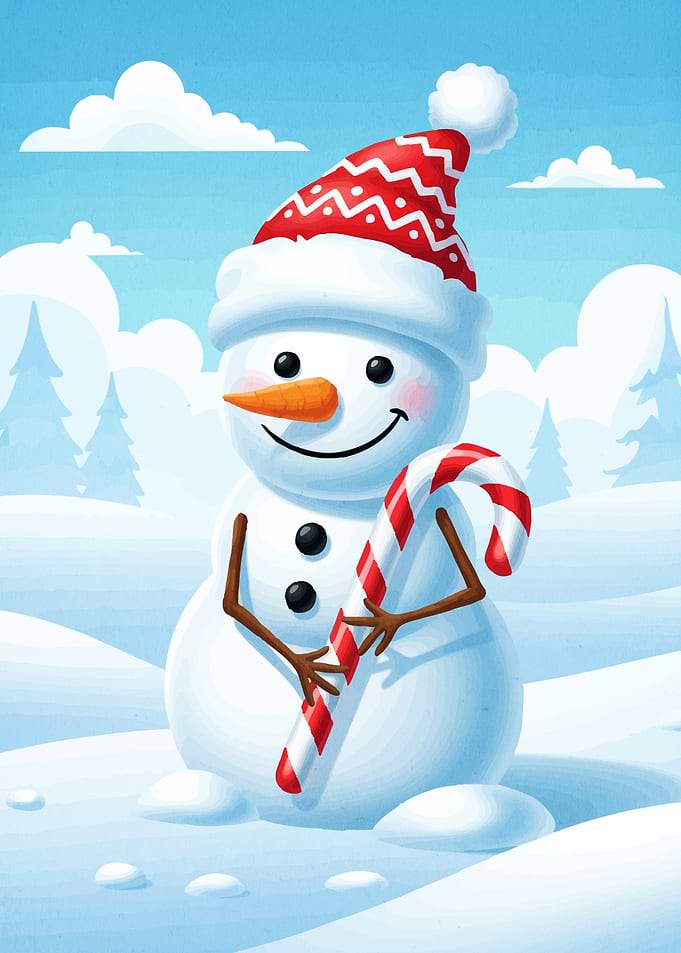 Cartoon Snowman Candy Cane