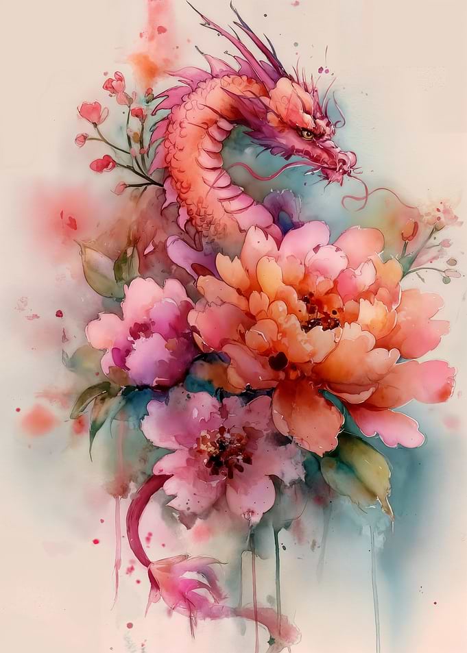 Dragon and Flowers Watercolor Painting