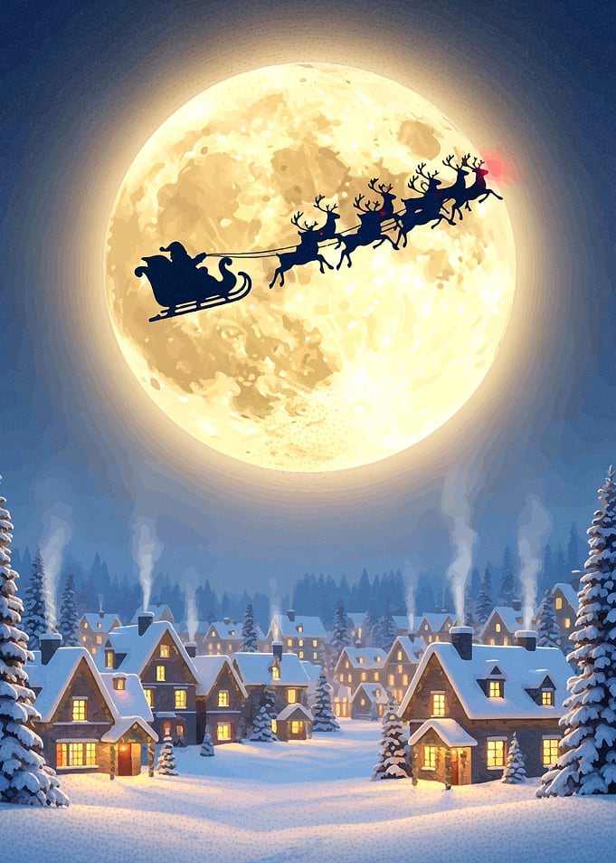 Santa's Sleigh Over Snowy Village
