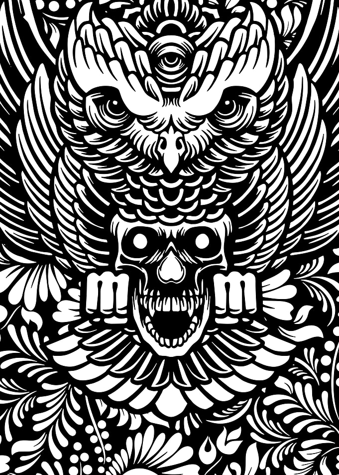 Owl, Skull, and Floral Blackwork Design