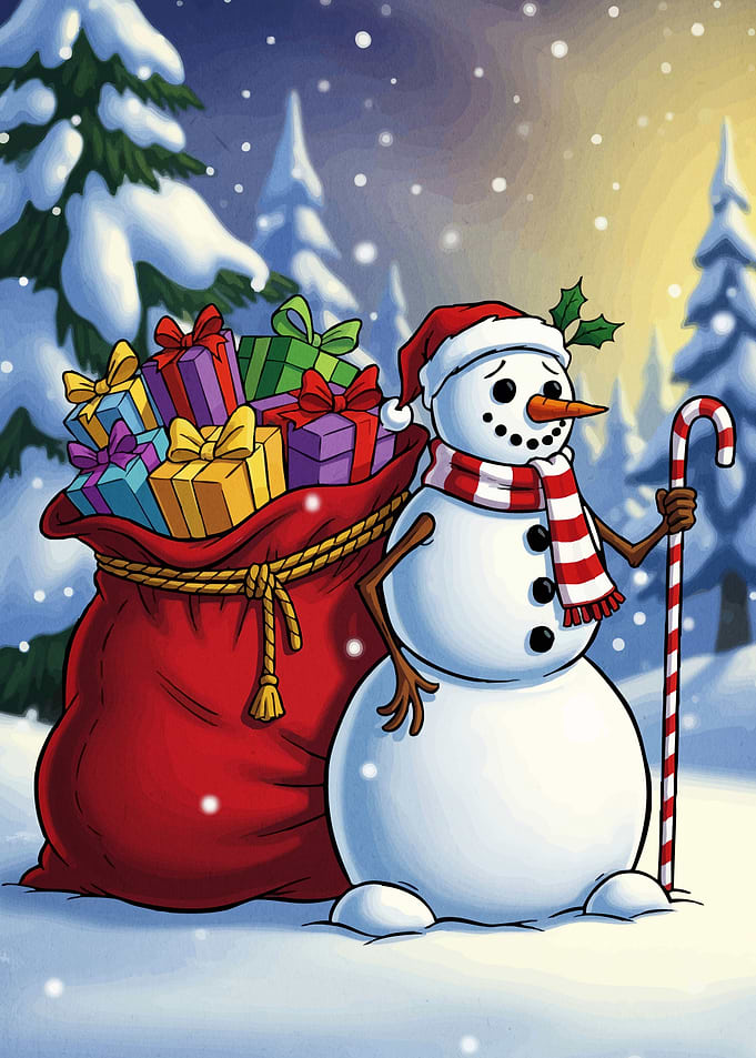 Snowman Gifts Winter Scene