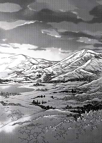 Monochrome Mountain Landscape with Cloudy Sky