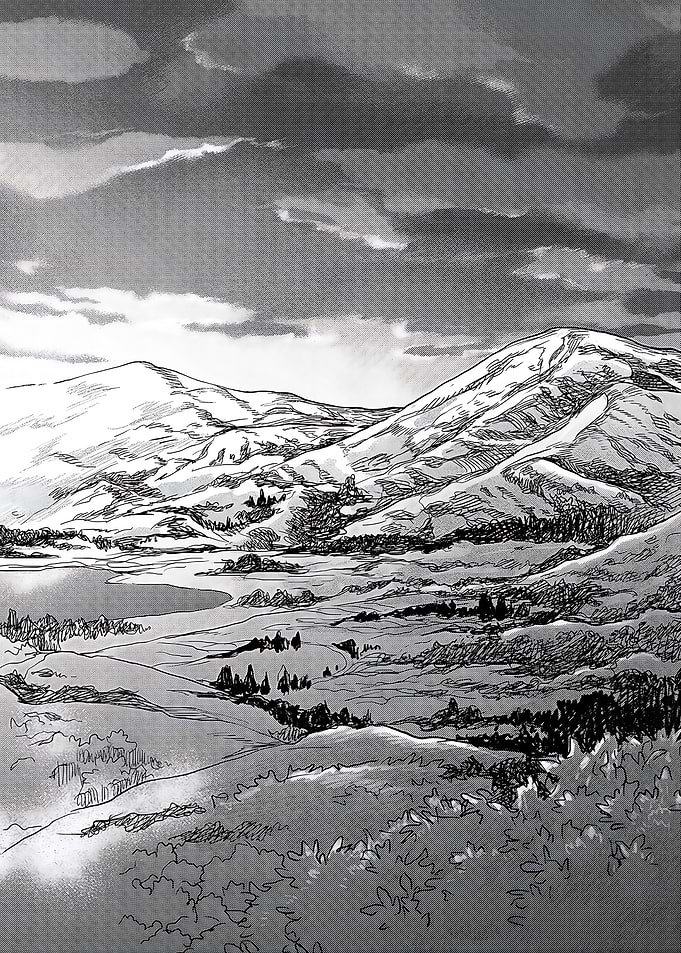 Monochrome Mountain Landscape with Cloudy Sky