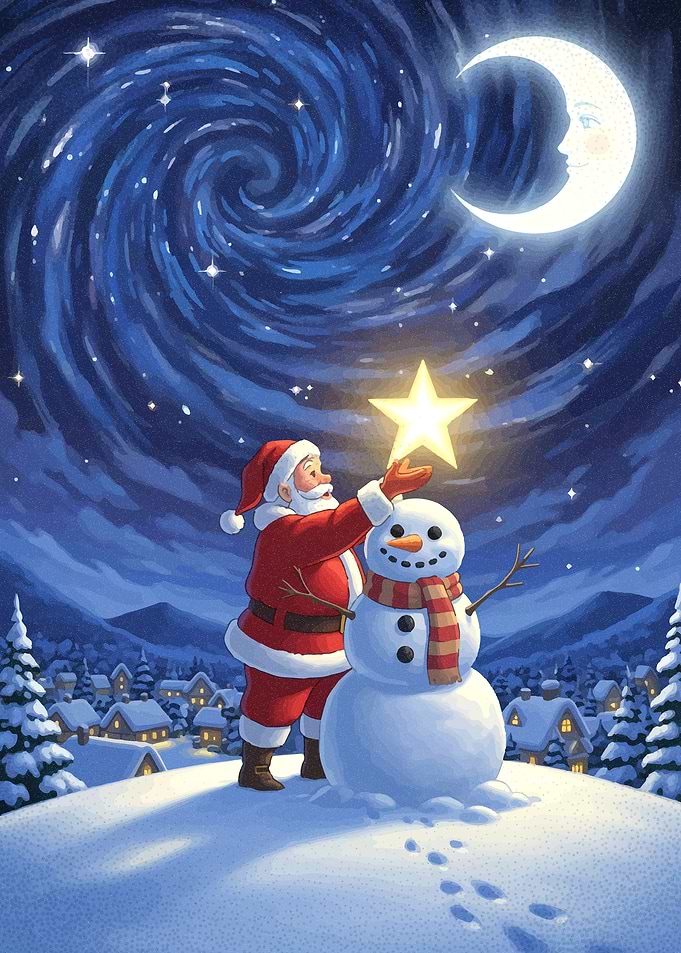Santa Claus and Snowman under Moon