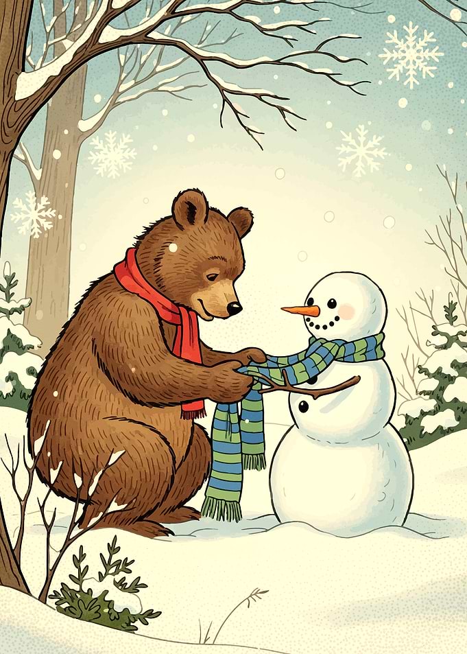 Bear and Snowman in Winter Forest