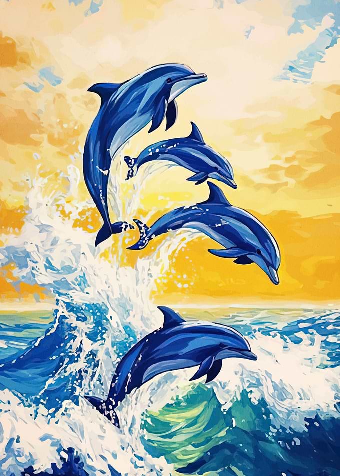 Dolphins jumping ocean