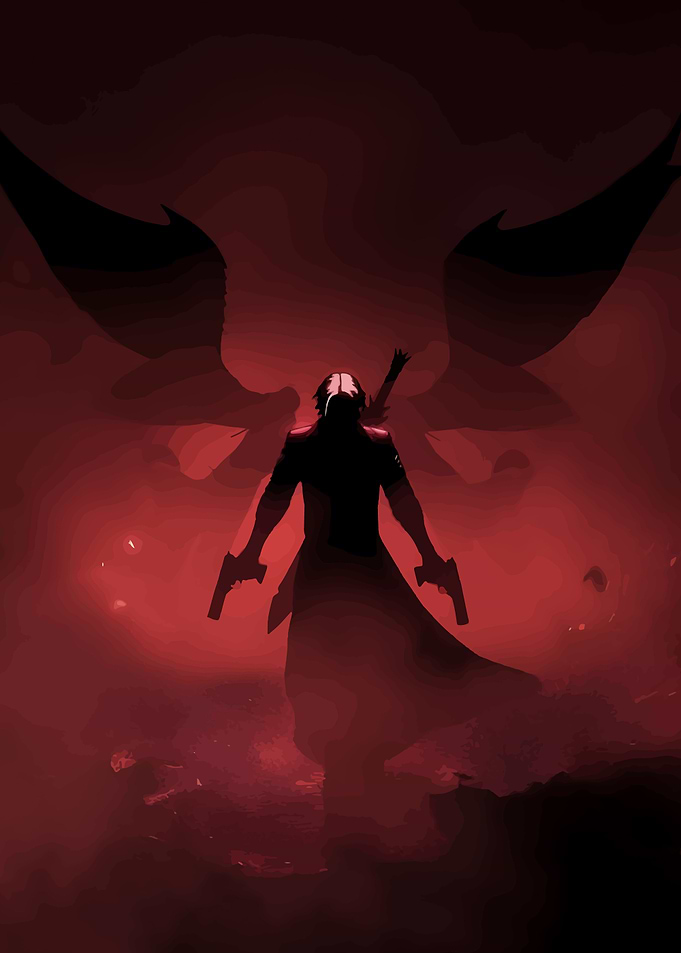 Silhouette of a man with guns