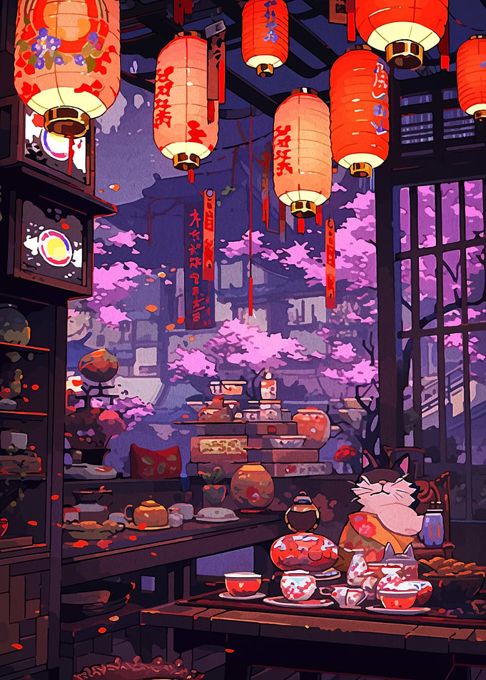 Japanese Tea Room with Cat