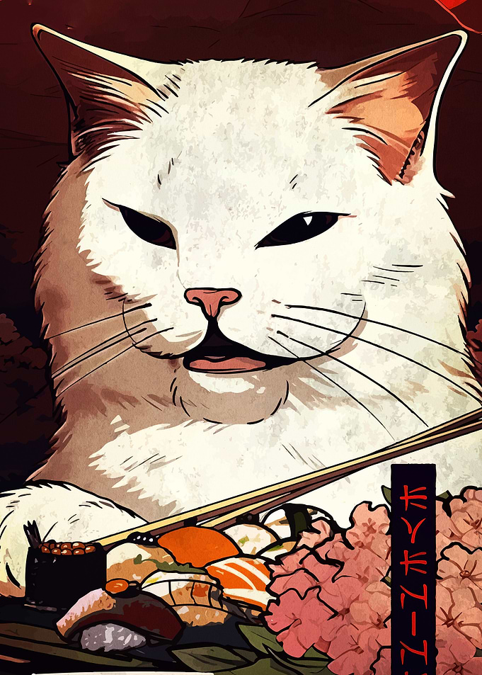 Cat with Sushi Japanese Art