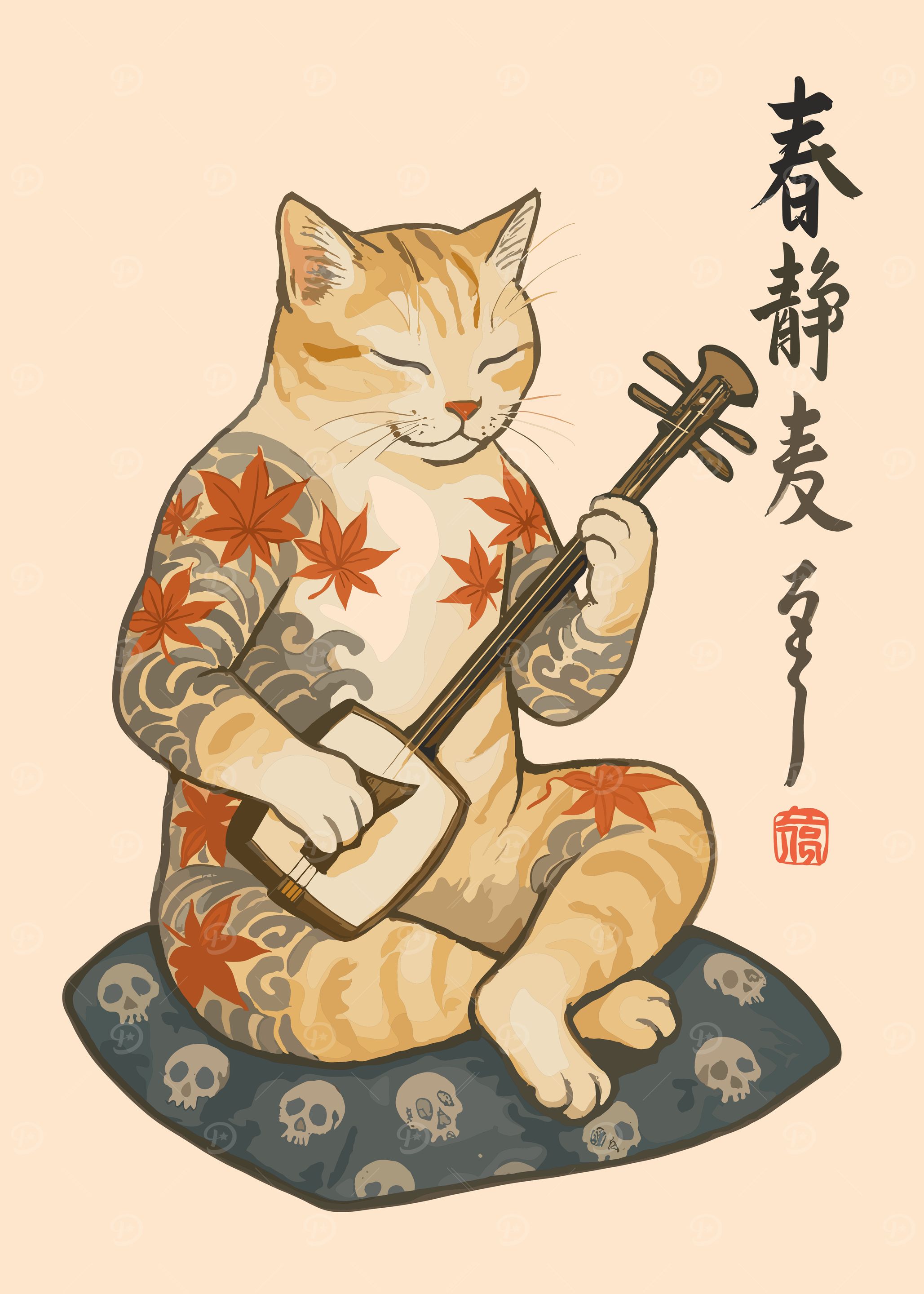 Cat playing shamisen with tattoos