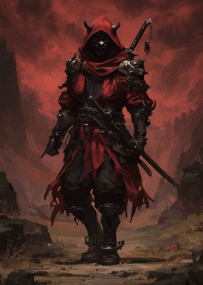 Red Hooded Warrior with Swords