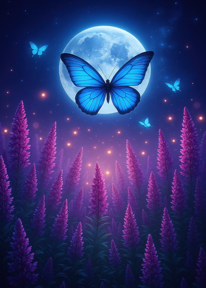 Blue Butterfly and Moonlit Lavender Field