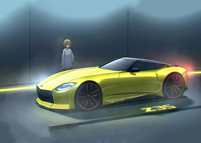 Yellow Nissan Z35 with Anime Character