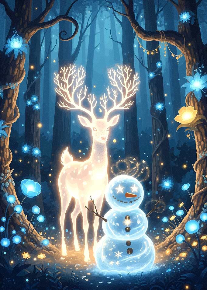 Glowing Deer and Snowman in Forest