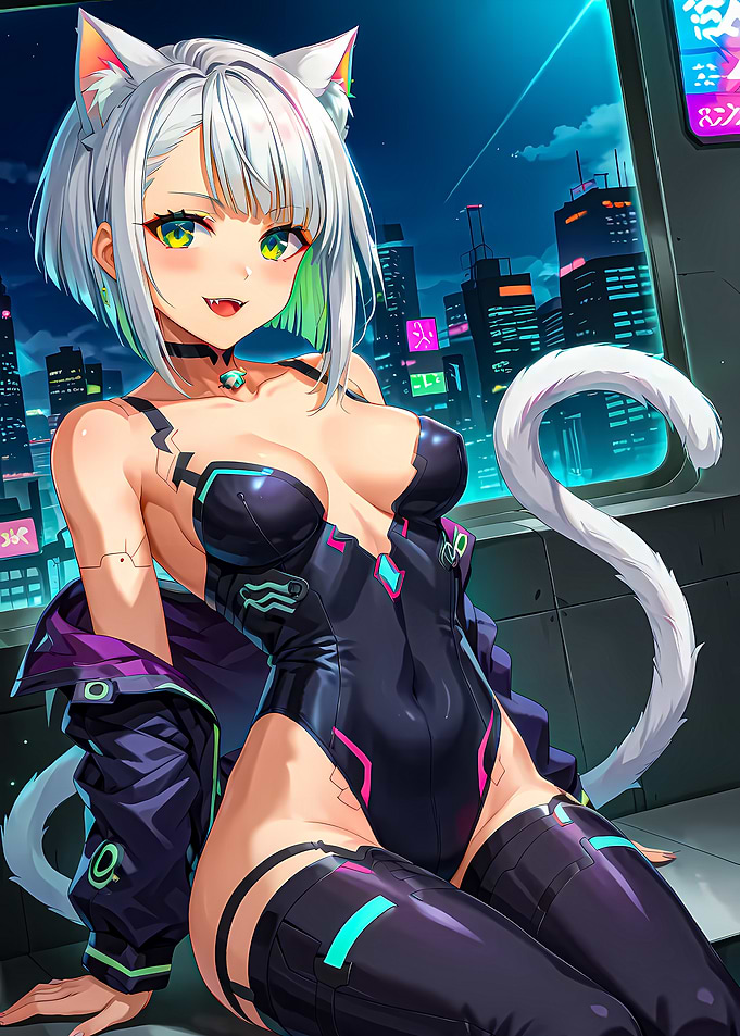Anime Catgirl in Cyberpunk Cityscape