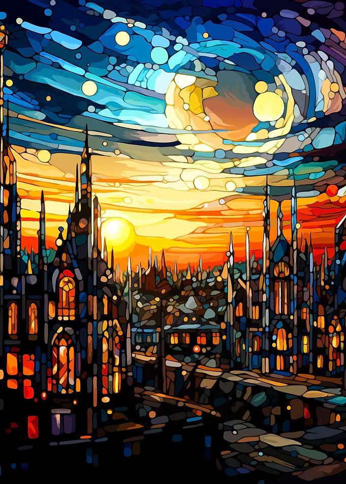 Stained Glass Cityscape at Sunset