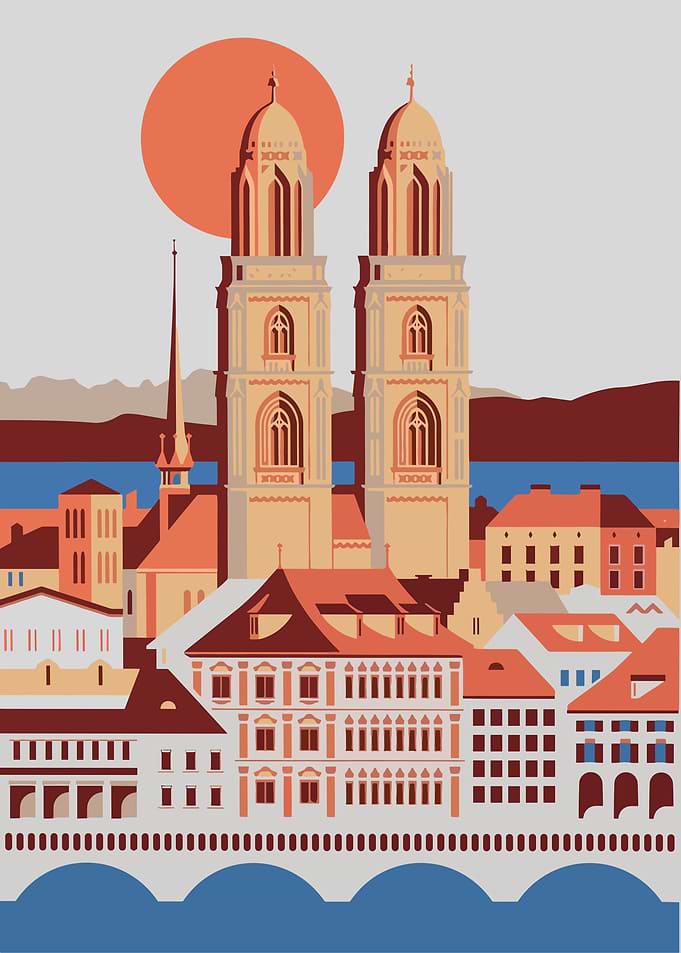 Zurich cityscape illustration with Grossmünster church