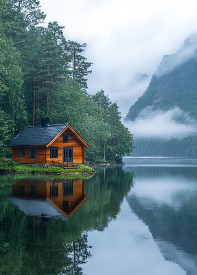 Cabin on Lake with Mountain View