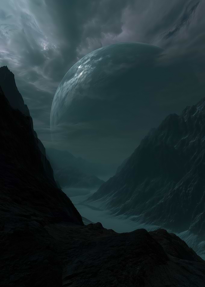 Dark Mountain Valley with Planet