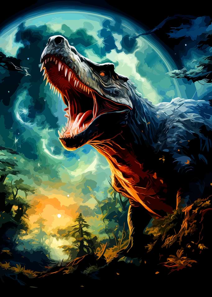 Tyrannosaurus Rex Roaring Under Moonlight