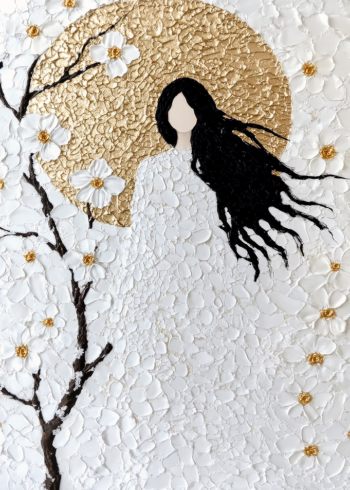 Abstract Woman with Flowers and Golden Sun
