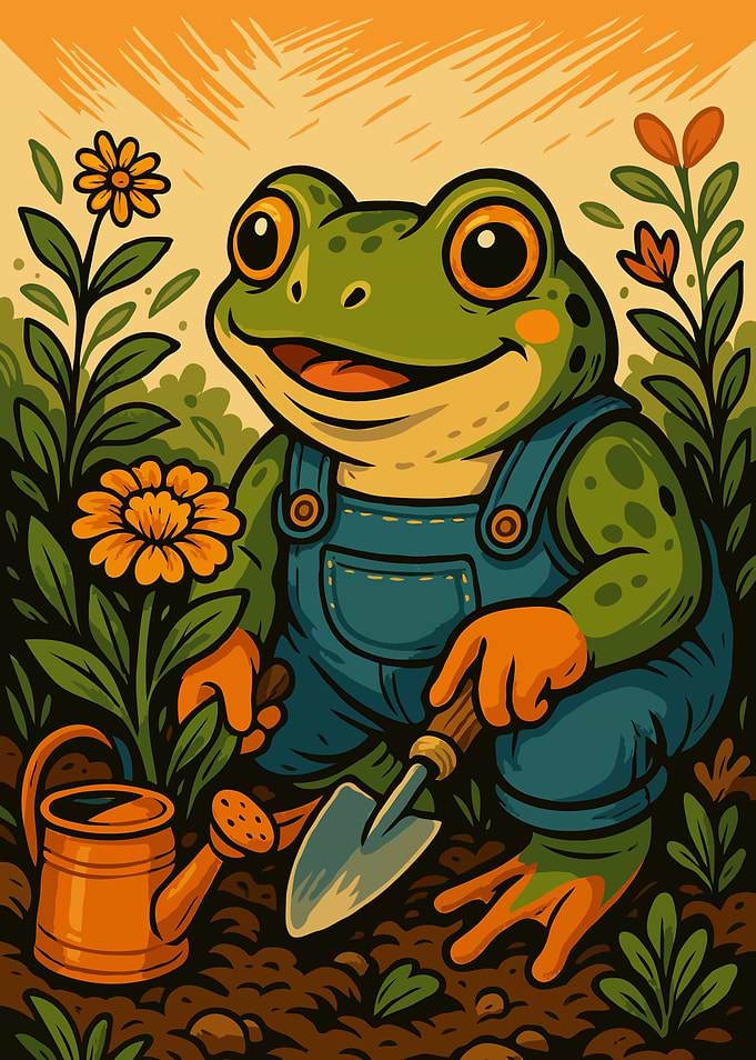 Frog Gardener with Watering Can and Shovel Art