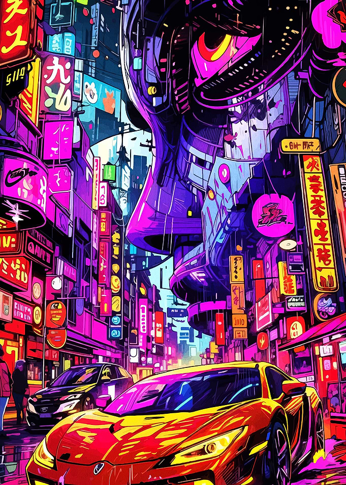 Cyberpunk Cityscape with Cars and Neon