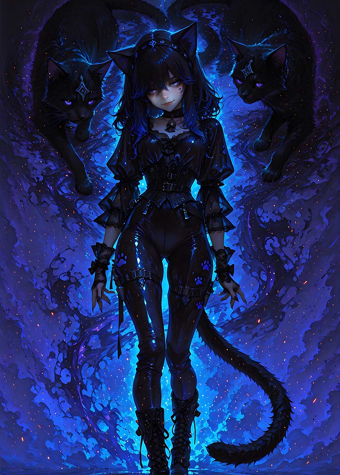 Anime Cat Girl with Black Cats