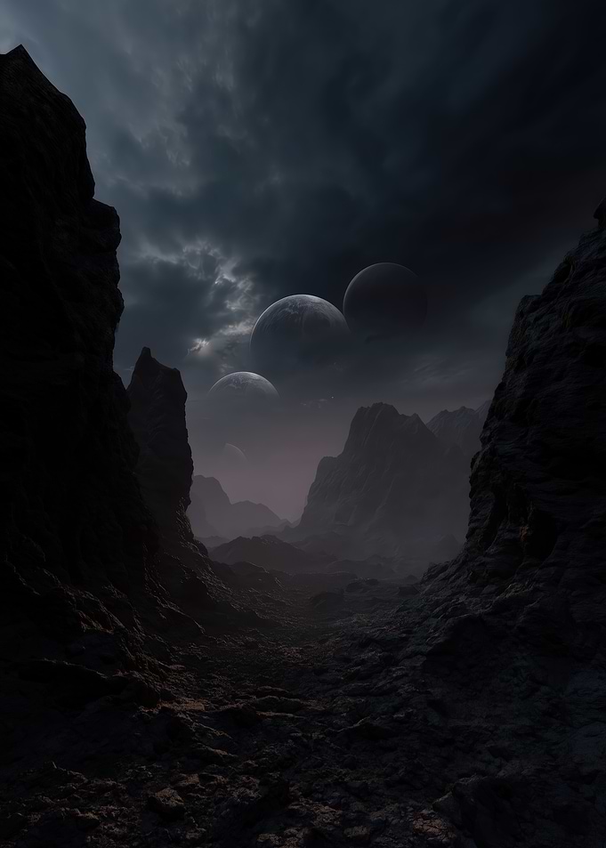 Dark Alien Landscape with Multiple Moons