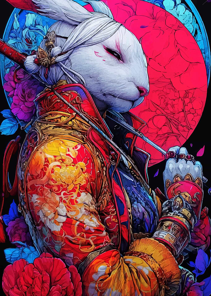 Rabbit Samurai with Sword and Flowers