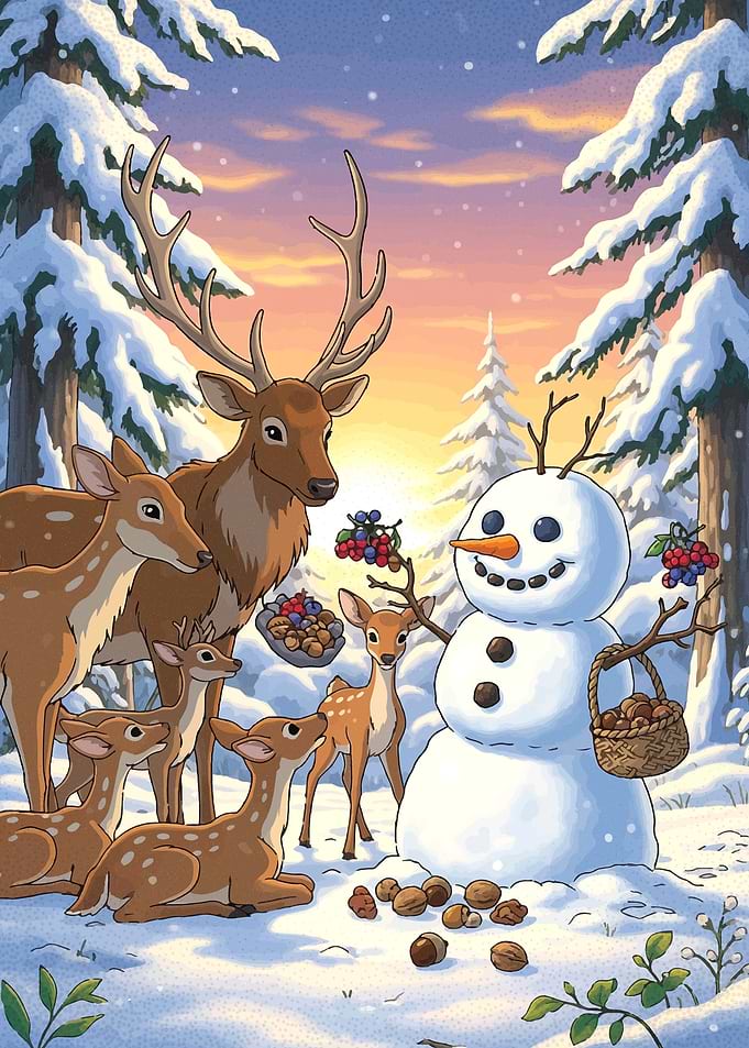 Deer and Snowman in Winter Forest