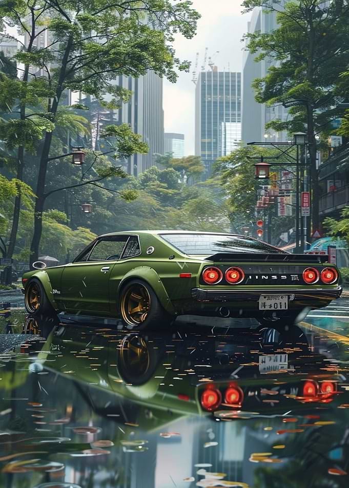 Green Classic Car in Cityscape Reflection