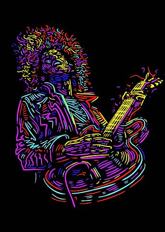 Colorful Guitarist Line Art on Black