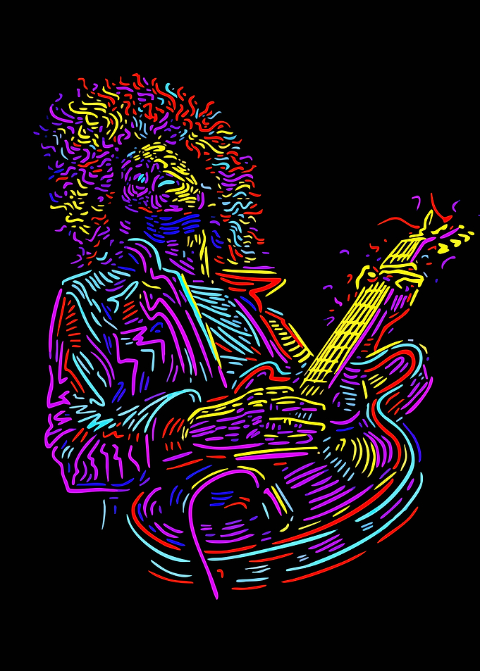 Colorful Guitarist Line Art on Black