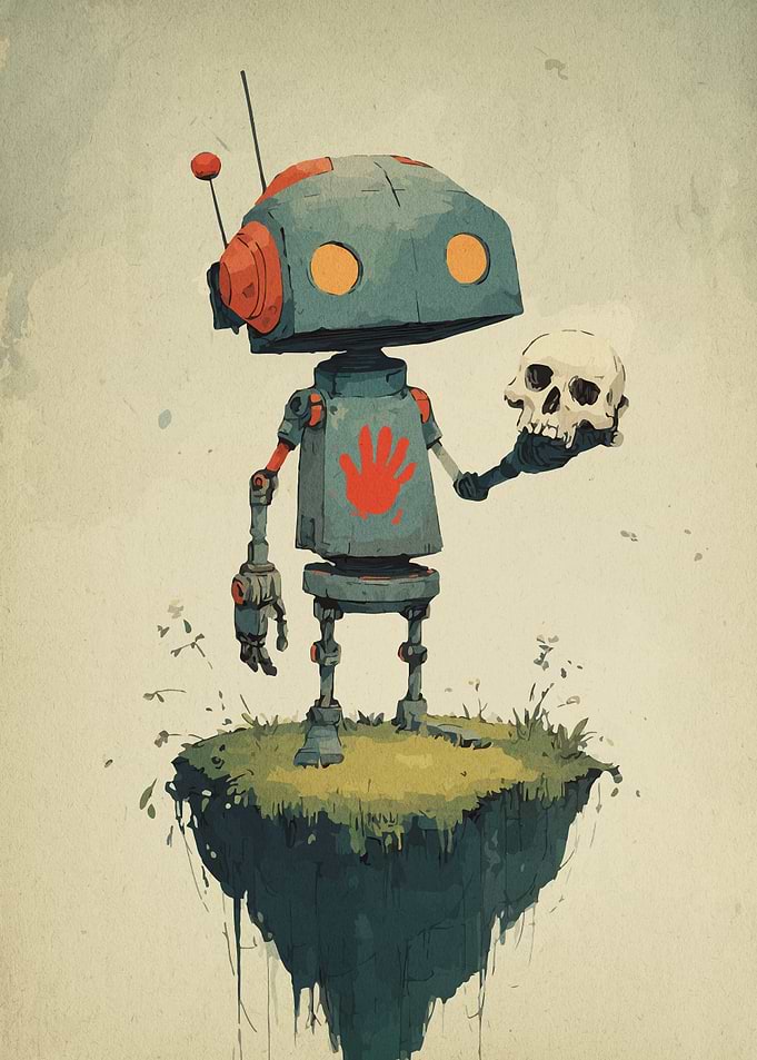Robot Holding Skull on Floating Island