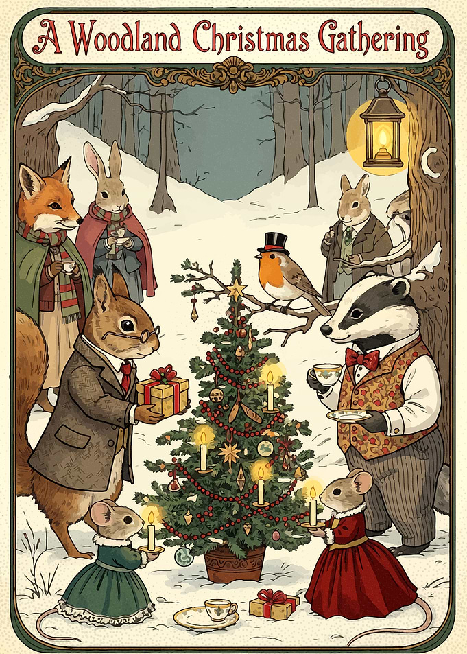 Woodland Christmas Gathering with Animal Characters