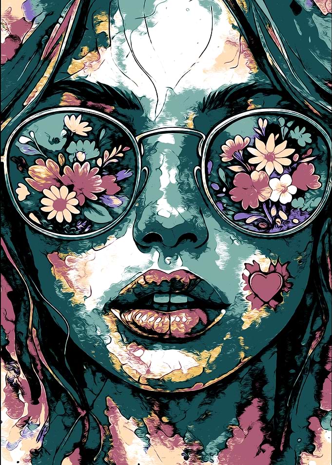 Floral Reflections: Woman with Flower-Filled Glasses