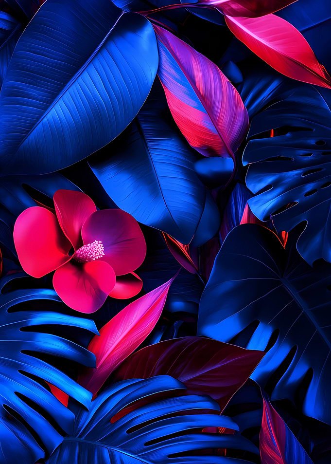 Tropical leaves and flower in blue, pink