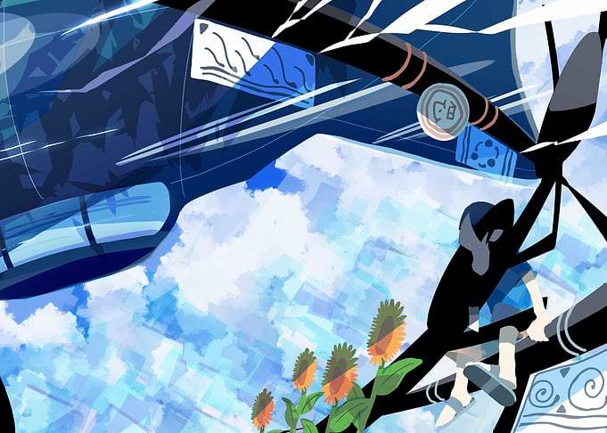 Abstract Blue Sky and Airplane Art